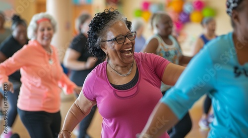 Senior black friends smiling and laughing together as they dance and shimmy in a lively Zumba class