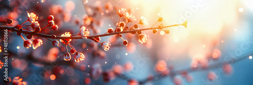 Spring Cherry Blossoms, Soft Pink Flowers Against Blue Sky on Sunny Nature Background