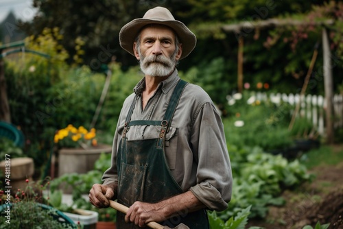 Portrait of a serious old bearded gardener in his vegetable garden
