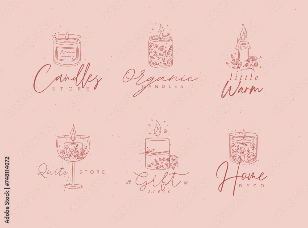Candles with branches and leaves label collection drawing on red background