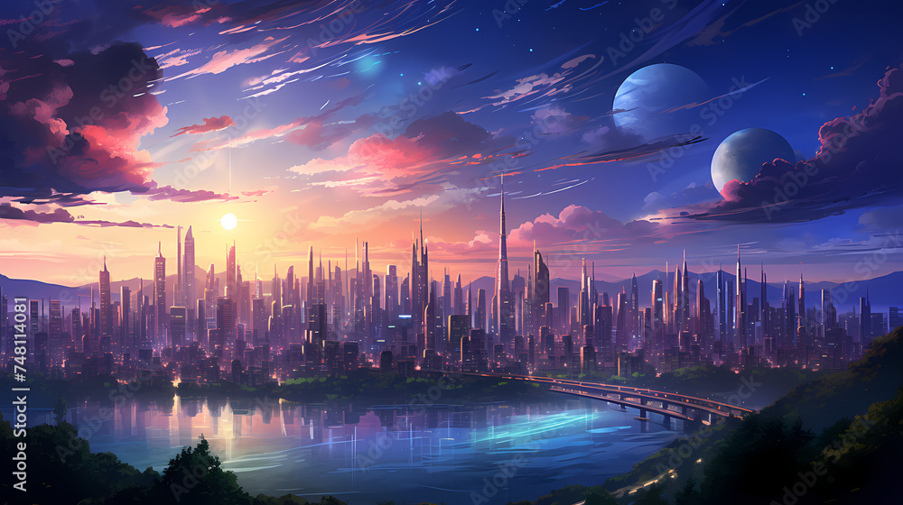 sunset over the Futuristic river City, Dreamlike Skyline Bathed in Soft Light