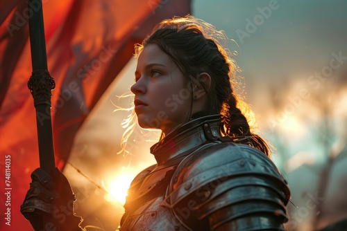 Determined and Fearless: Joan of Arc, the Heroic Leader Clad in Armor, Inspiring with Her Courage and Resilience on the Battlefield. photo