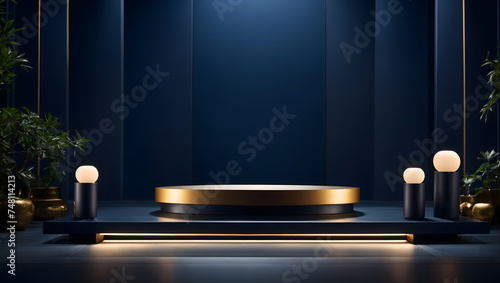 gold dark podium with gentle luxurious lighting 3d shape product display presentation, minimal wall scene, studio room

 photo