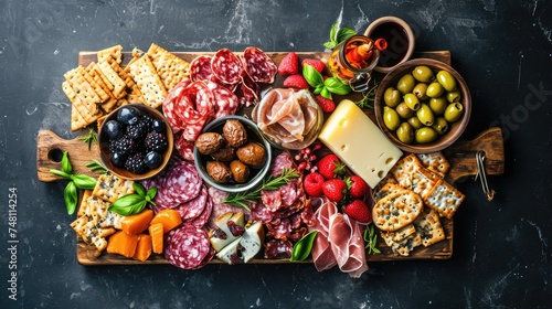 Savor the Moment: Exquisite Charcuterie Wooden Board Featuring an Abundance of Cured Meats, Cheeses, and Fresh Fruits, Crafted for an Unforgettable Culinary Experience. Empty background. Copy space.