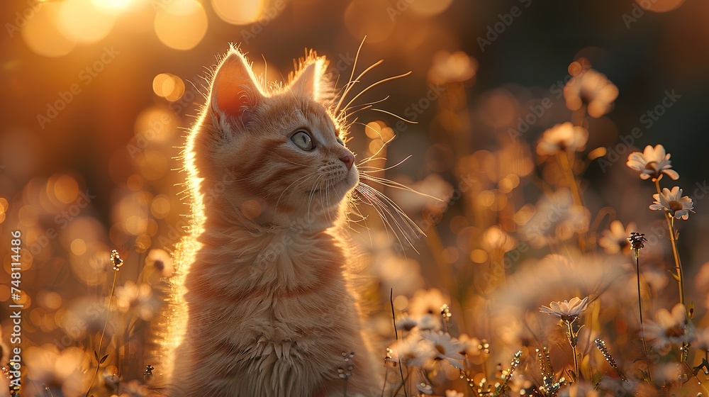 small cat is sitting in grass and flowers, in the style of sunrays shine upon it, cute and colorful