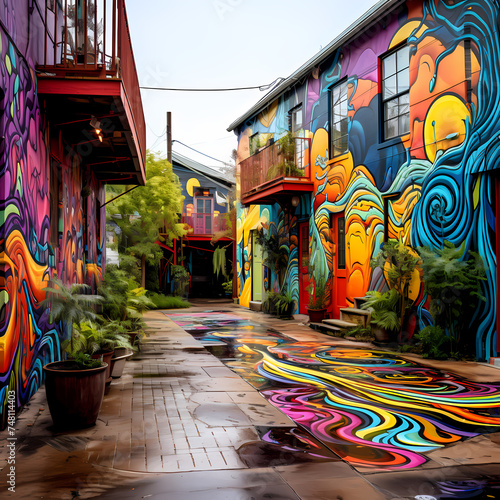 Colorful street art in an urban alley.