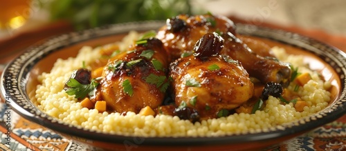 A close-up view of a plate of food featuring deliciously sweet Chicken Tajine with a date-infused honey drizzle served over fluffy couscous. The perfect harmony of flavors and textures can be seen in