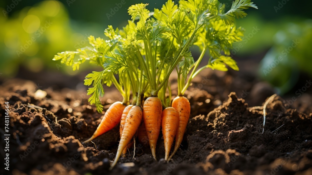 Thriving carrot in garden bed with intricate details, offering generous space for text. - obrazy, fototapety, plakaty 