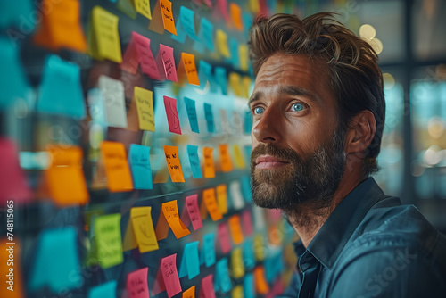 Portrait of two business men putting sticky notes on glass board. Professional business team brainstorming marketing strategy while stick notes on glass wall