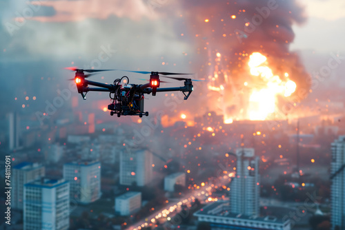 Copter drone above city with large explosion at day time. Neural network generated image. Not based on any actual scene or pattern.