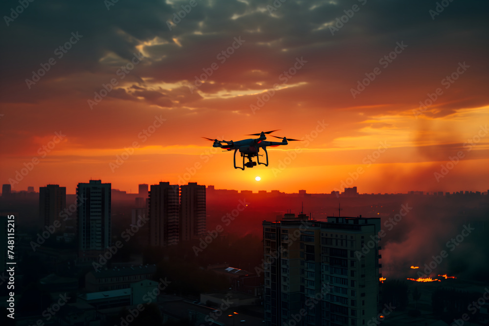 Copter drone over burning city. Neural network generated image. Not based on any actual scene or pattern. Copter drone over burning city. Neural network generated image. Not based on any actual scene or pattern.