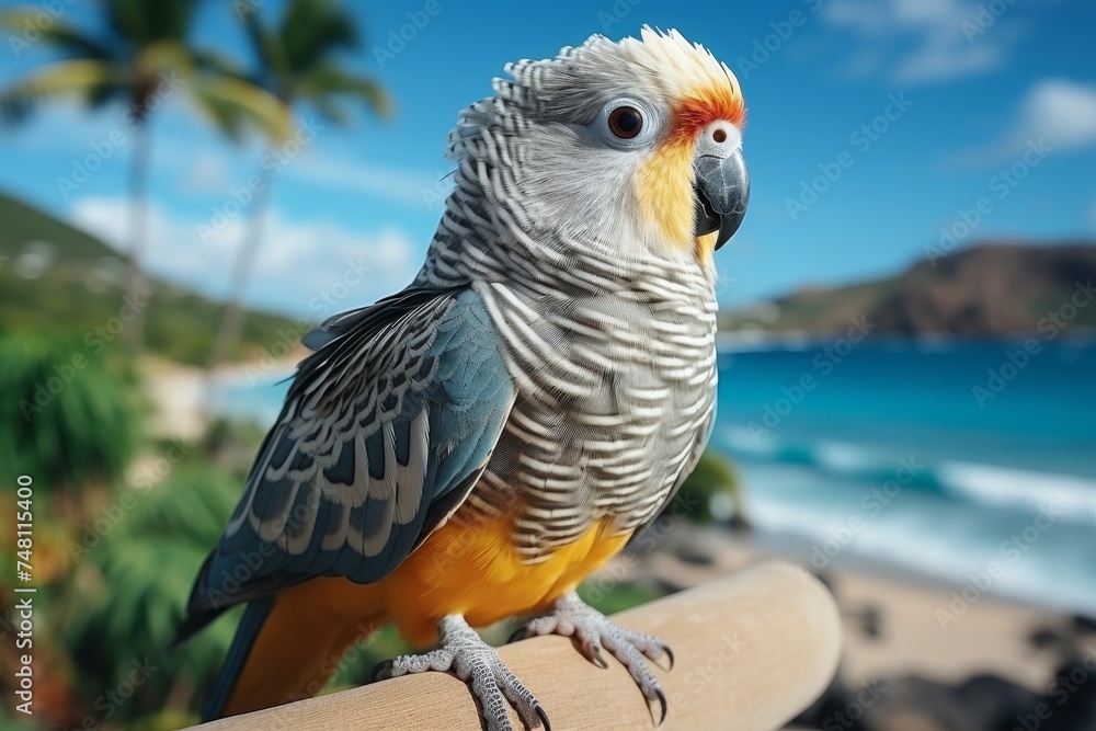 Fototapeta premium Colorful tropical bird on palm tree branch, exotic wildlife with text space background
