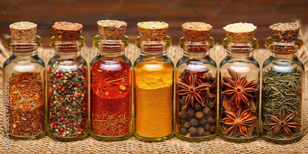 A stand with spices, herbs and olive oil, creating a tasty and aromatic dishes in the kitch A stand with spices, herbs and olive oil, creating a tasty and aromatic dishes in the kitch