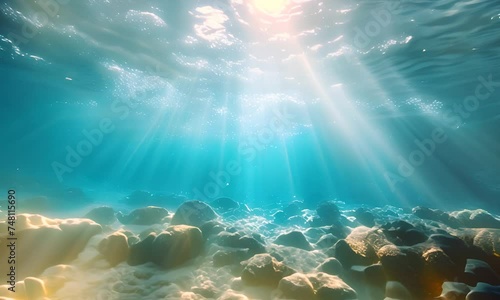 Underwater world with rays of light penetrating the water. The concept of ocean depth and exploration. photo