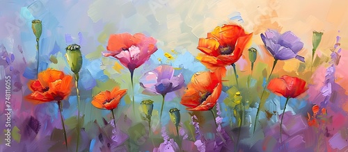 The painting depicts a field filled with vibrant wild poppy flowers, enchanting the surroundings with their beauty. The flowers bloom in a colorful display, creating a striking scene of natures