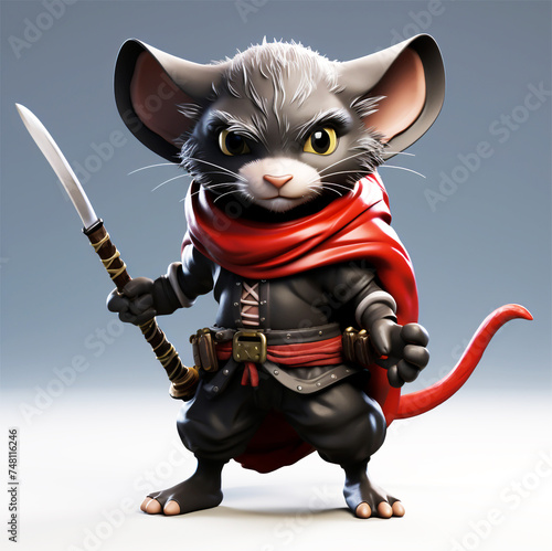 Cartoon mouse, ninja, samurai in 3D. Mouse warrior character slashes with a sword. Standing in the lead role. Ideal for posters and designs. photo