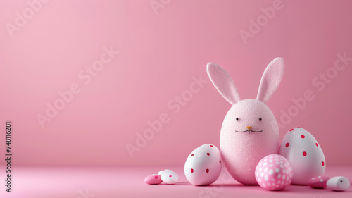Tarjeta de huevos de pascua pintados de colores, junto a huevo decorado como un conejo con grandes orejas, sobre superficie y fondo rosa