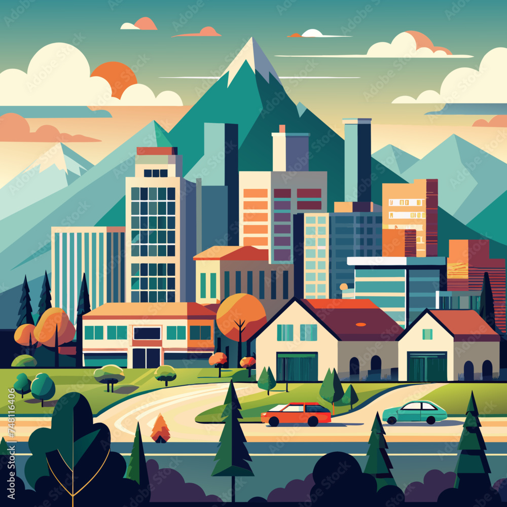 Urban landscape with large modern buildings and suburb with private houses on a background mountains and hills. Street, highway with cars. Concept city and suburban life. Urban landscape with large modern buildings and suburb with private houses on a background mountains and hills. Street, highway with cars. Concept city and suburban life.