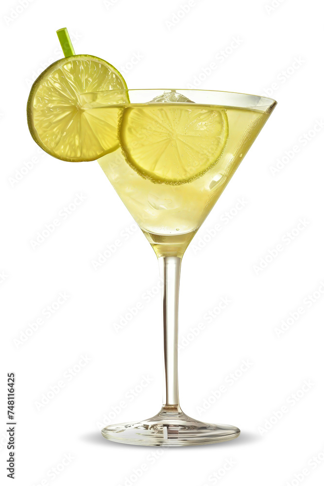 Refreshing daiquiri cocktail in a clear glass with a lime slice on the rim, isolated on a white background. Isolated. Alcoholic cocktail. Refreshing daiquiri cocktail in a clear glass with a lime slice on the rim, isolated on a white background. Isolated. Alcoholic cocktail.