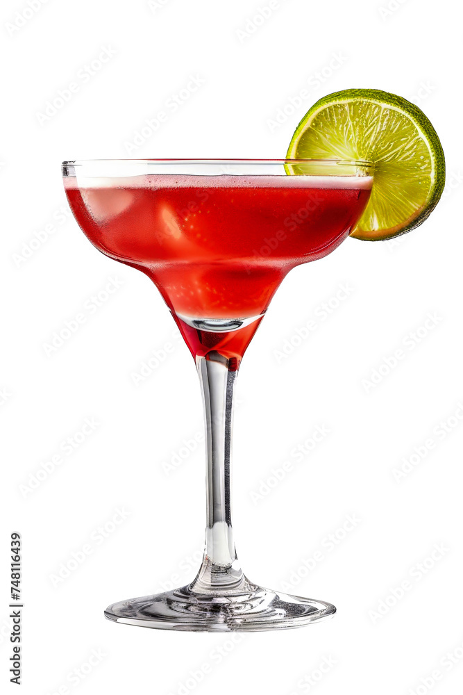 A red daiquiri cocktail with a lime slice placed on the rim, isolated on a white background. Isolated. Alcoholic cocktail.