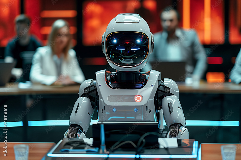 Group of people and humanoid robots Sitting listening to a lecture together