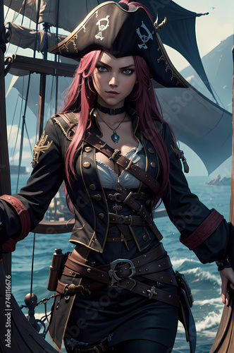 Beautiful ancient pirate girl on war ship