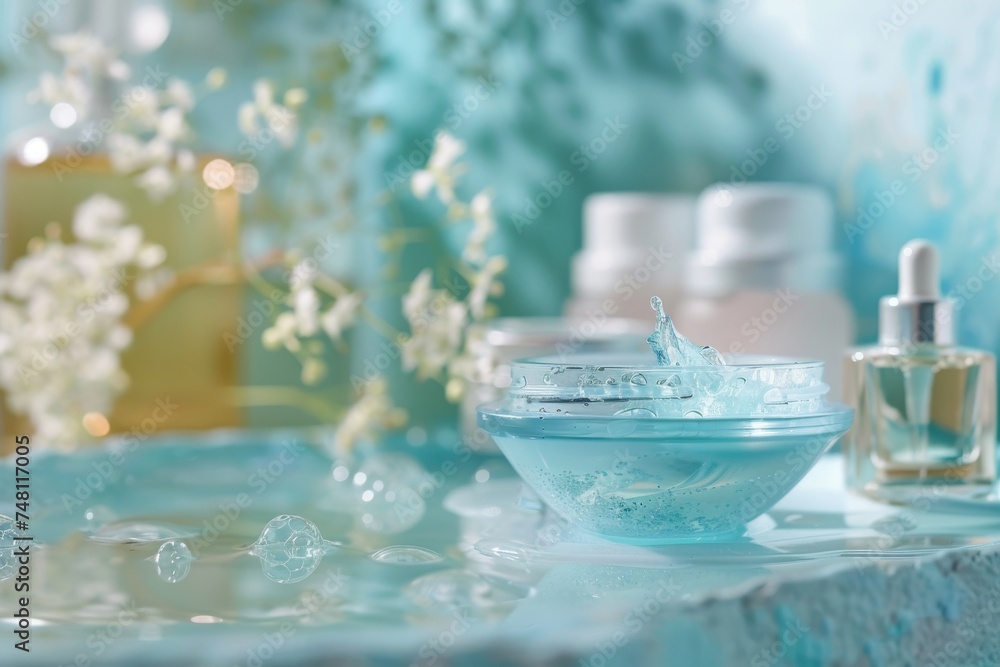 Facial collagen induction therapy skin care cream. Skincare treatment products: container lotion, skincare teenage gel, oil, pipette with shiny serum and tea tree oil jar pot Facial collagen induction therapy skin care cream. Skincare treatment products: container lotion, skincare teenage gel, oil, pipette with shiny serum and tea tree oil jar pot