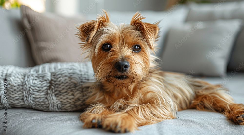 Favorite pet dog lies on the sofa in the living room. Pet care. Favorite pet dog lies on the sofa in the living room. Pet care.