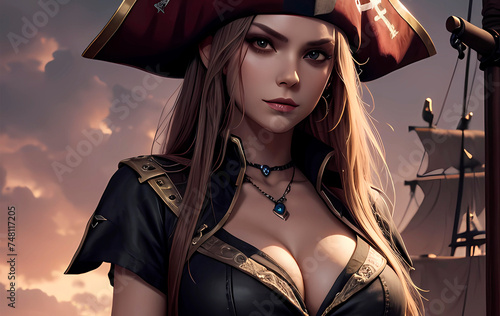 Beautiful ancient pirate girl on war ship