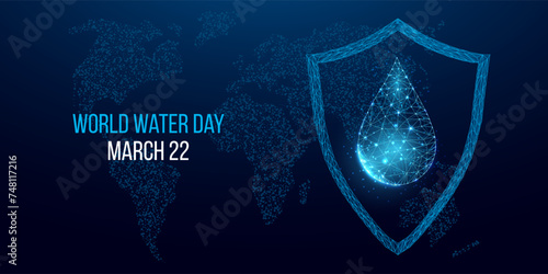 World water day concept. Banner template with glowing low poly water drop. Vector illustration.