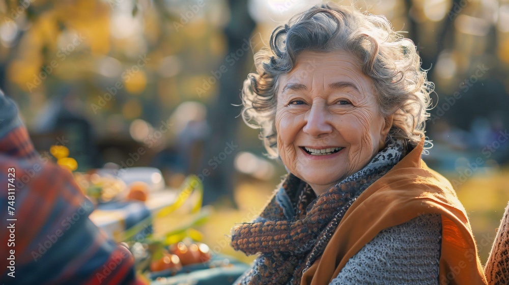A close-up portrait of an elderly woman smiling warmly during a picnic