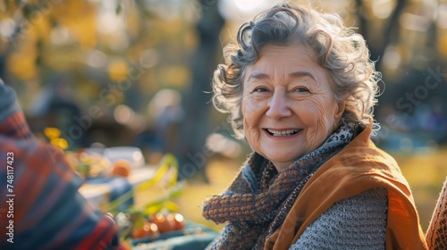 A close-up portrait of an elderly woman smiling warmly during a picnic
