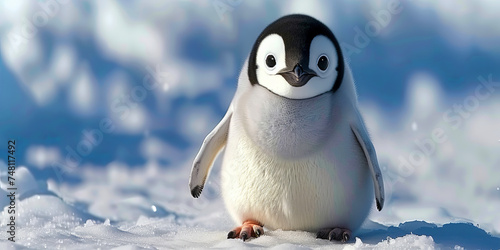 In polar expanses, Penguin paves his way, staggering funny in the snow and making funny sou photo