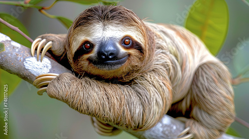 In the tropical forest  a sloth hangs on a branch  slowly hobbing from one corner to another and