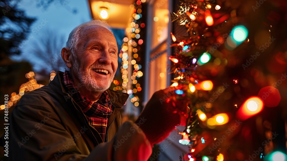 A cheerful senior man laughs as he decorates the exterior of his home with festive decorations A cheerful senior man laughs as he decorates the exterior of his home with festive decorations