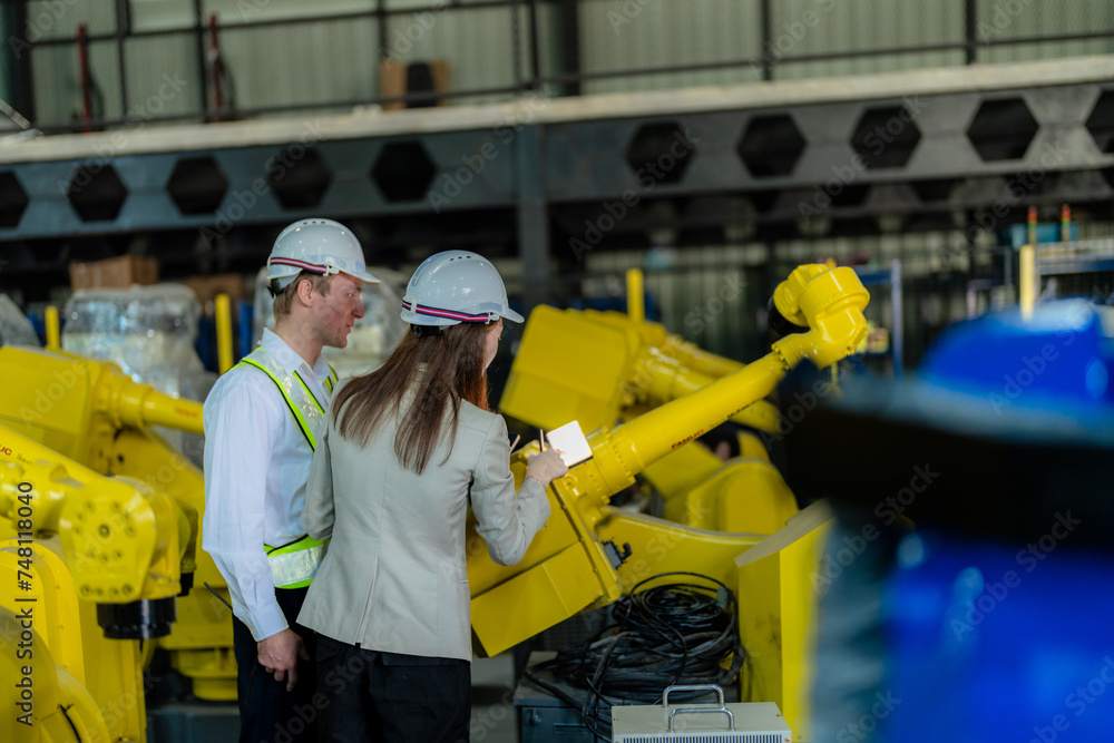 Factory engineers inspecting on machine with smart tablet. Worker works at heavy machine robot arm. The welding machine with a remote system in an industrial factory. Artificial intelligence concept. Factory engineers inspecting on machine with smart tablet. Worker works at heavy machine robot arm. The welding machine with a remote system in an industrial factory. Artificial intelligence concept.