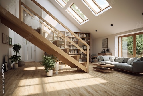 spacious living room with a wooden staircase, white couch, skylight, plants, and string lights. The wooden staircase adds a touch of warmth and character