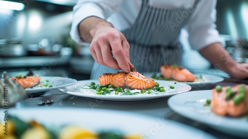 Gourmet Excellence: With Precision and Skill, a Professional Chef Elevates the Art of Cooking, Serving Exquisite Salmon Fillet Dishes in Their Culinary Domain.