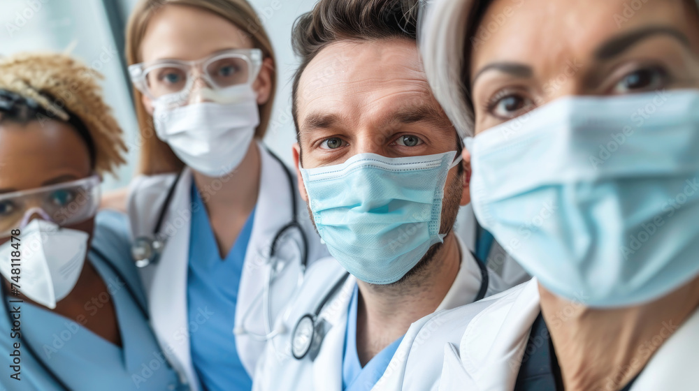 Group of doctors with face masks of multi-ethnic experts