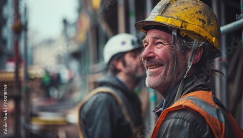 Building with Joy: European Construction Workers Sporting Helmets, Reflective Vests and Smiles Bring Positive Energy to the Worksite.