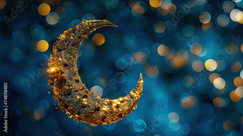 gold crescent on blue glitter background. ramadan kareem holiday celebration concept. eid mubarak greeting card