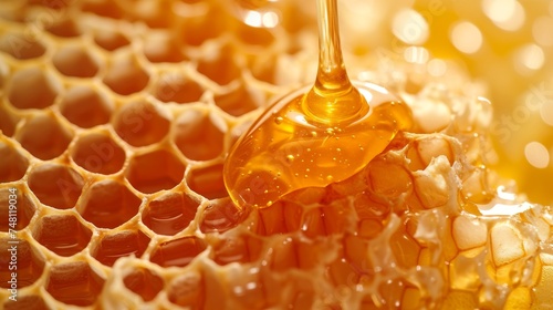 Honeycomb texture background with dripping tasty honey