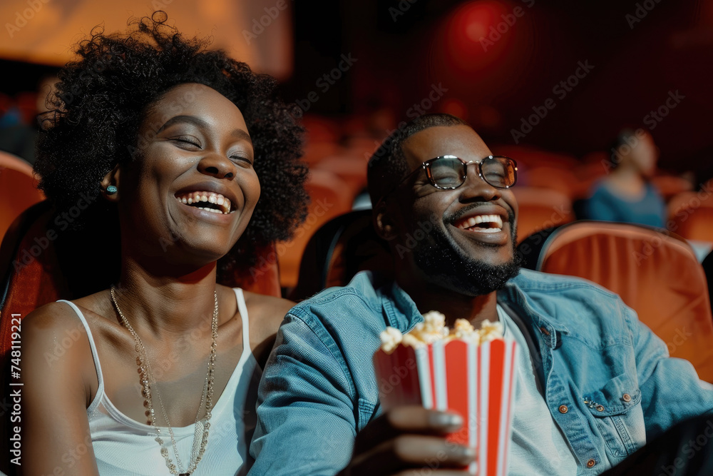 Happy black couple eats popcorn while watching movie in theater