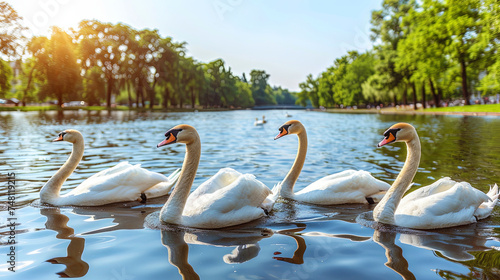 Swans floating on the lake, opening their wings and creating a beautiful picture on the water © JVLMediaUHD