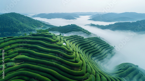 Tea garden: Tea bushes are spread out in endless rows, like a green sea, covered with mornin photo