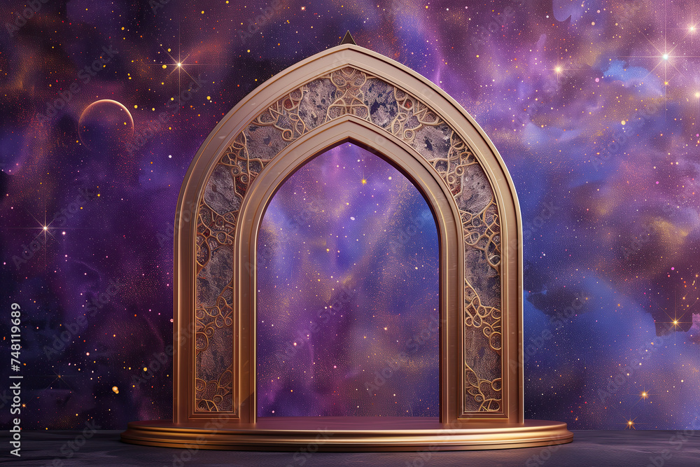 an archway with gold frame and starry background. islamic 3d podium round stage for eid mubarak, ramadan kareem, muharram, iftar. islamic podium banner for product display, presentation, ramadan sales an archway with gold frame and starry background. islamic 3d podium round stage for eid mubarak, ramadan kareem, muharram, iftar. islamic podium banner for product display, presentation, ramadan sales