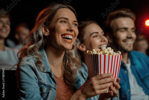 Happy couple eats popcorn while watching movie in theater