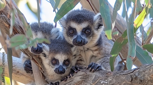 The family of raccoon lemurs climbing the branches of trees in the tropical forest of Madagasc photo