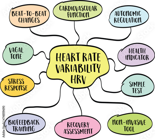 heart rate variability, HRV - infographics mind map, cardiovascular health concept, vector sketch