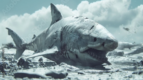 shark, explosive, icy, in a dystopian wasteland, challenges our perceptions photo